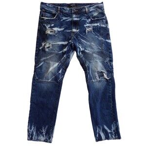 Akoo Blue Distressed Destructed Bleached Tapered Jeans 40x33